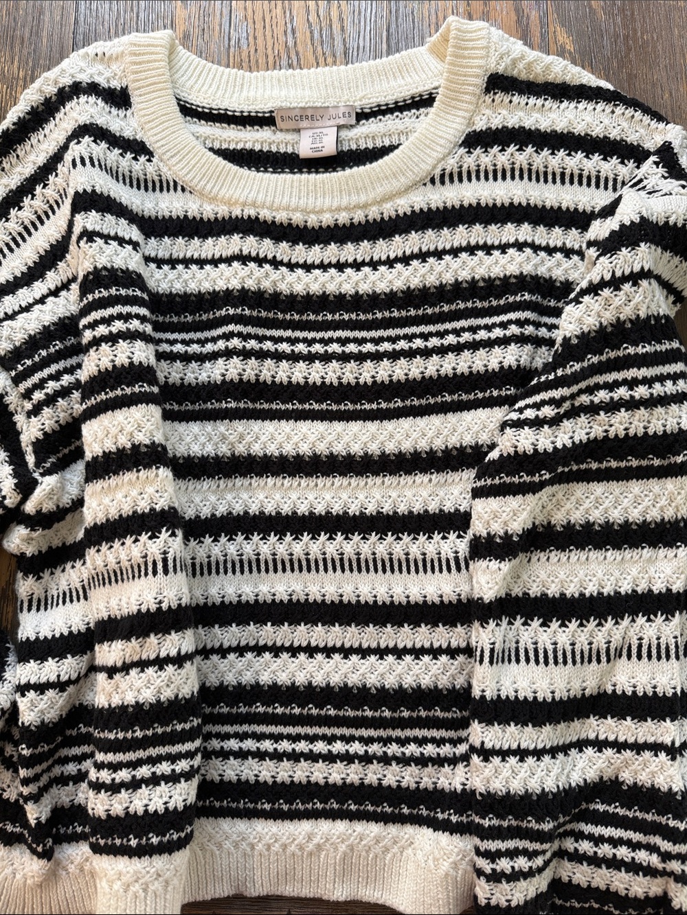 Sincerely Jules Black & white Striped Open-Knit Crew Sweater
